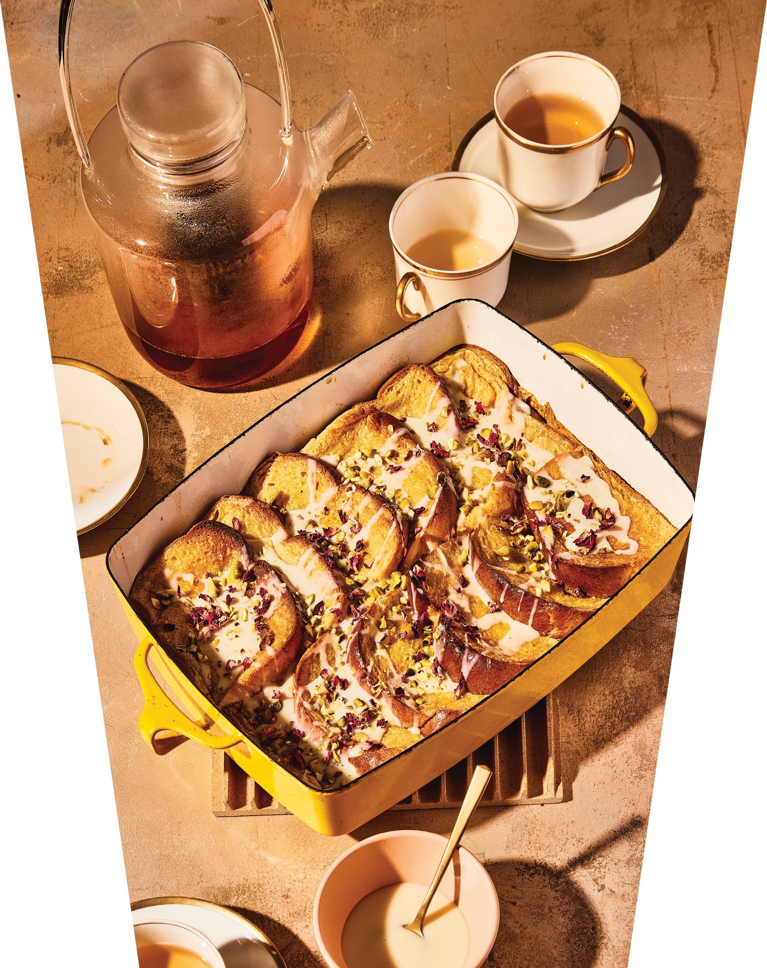 Shah’s shahi tukda French toast involves soaking slices of bread in a saffron-infused custard, baking the slices, then garnishing the dish with condensed milk, pistachio slices and rose petals (Photo: Aubrie Pick) Shah’s shahi tukda French toast involves soaking slices of bread in a saffron-infused custard, baking the slices, then garnishing the dish with condensed milk, pistachio slices and rose petals (Photo: Aubrie Pick)