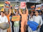 People take part in a protest rally against the arrest of ISKCON monk Chinmay Prabhu by the Dhaka police, at ISKCON HQ in Kolkata on Thursday. (ANI)
