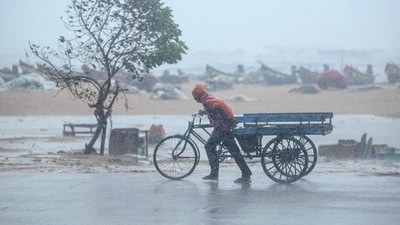 A man pulls his three-wheeler cart amid heavy wind and rainfall at the Marina Beach in Chennai. (AFP) A man pulls his three-wheeler cart amid heavy wind and rainfall at the Marina Beach in Chennai. (AFP)