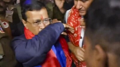 Former Delhi chief minister and AAP chief Arvind Kejriwal reacts after a man allegedly splashed liquid on him in New Delhi on Saturday. ( PTI) Former Delhi chief minister and AAP chief Arvind Kejriwal reacts after a man allegedly splashed liquid on him in New Delhi on Saturday. ( PTI)