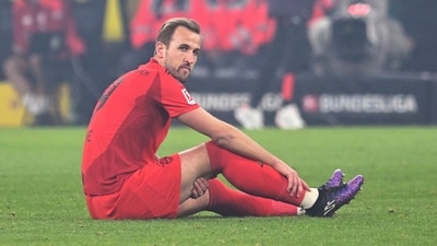 Bayern's Harry Kane sits on the pitch after getting injured. (Federico Gambarini/dpa/dpa via AP) (AP) Bayern's Harry Kane sits on the pitch after getting injured. (Federico Gambarini/dpa/dpa via AP) (AP)
