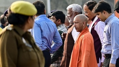Chief Minister of India's Uttar Pradesh state, Yogi Adityanath (3R), inspects the ongoing preparations ahead of the Maha Kumbh Mela festival, along the banks of Sangam, the confluence of the Ganges, Yamuna and mythical Saraswati rivers in Prayagraj on November 27, 2024. (AFP) Chief Minister of India's Uttar Pradesh state, Yogi Adityanath (3R), inspects the ongoing preparations ahead of the Maha Kumbh Mela festival, along the banks of Sangam, the confluence of the Ganges, Yamuna and mythical Saraswati rivers in Prayagraj on November 27, 2024. (AFP)