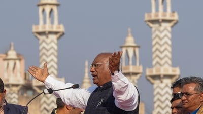 Congress President Mallikarjun Kharge addresses a public meeting at Ramlila Maidan in New Delhi on Sunday. (PTI) Congress President Mallikarjun Kharge addresses a public meeting at Ramlila Maidan in New Delhi on Sunday. (PTI)