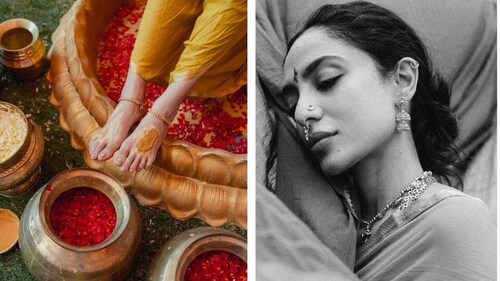 In Mangalsnaanam, turmeric paste is applied to the bride’s body as a part of the auspicious cleansing process before the wedding.