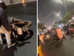 In a video, men and women were seen sprawled on the road along with their fallen two-wheelers. In a video, men and women were seen sprawled on the road along with their fallen two-wheelers.
