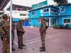 Security personnel keep vigil amid heightened security at the Bangladesh Assistant High Commission in Agartala.