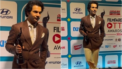 Rajkummar Rao looked dashing in a brown striped blazer paired with a crisp white shirt, a yellow tie, and beige pants, showcasing a sharp yet stylish look. Rajkummar Rao looked dashing in a brown striped blazer paired with a crisp white shirt, a yellow tie, and beige pants, showcasing a sharp yet stylish look.