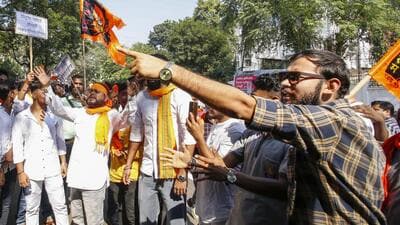 A protest in Agartala on Monday over the persecution of Hindus in Bangladesh. (PTI)