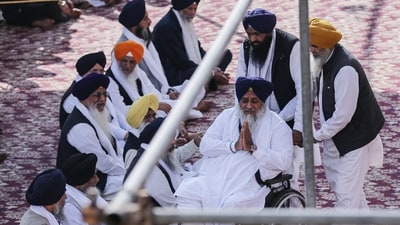 Former Punjab Deputy Chief Minister Sukhbir Singh Badal appears before Akal Takht after being summoned, at the Golden Temple in Amritsar on Monday. (ANI)