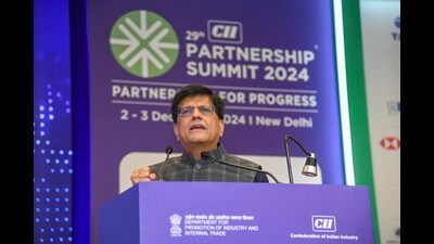 Commerce and Industry Minister Piyush Goyal addresses the 29th edition of the CII Partnership Summit 2024, in New Delhi. (PTI)