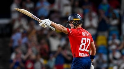 Jacob Bethell of England celebrates his half century during a T20I against West Indies. (AFP) Jacob Bethell of England celebrates his half century during a T20I against West Indies. (AFP)