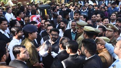 Lawyers in Ghaziabad have been on strike since October 29 after a disagreement during a bail hearing allegedly escalated to violence, arson, and sparked off a police lathicharge inside a courtroom. (Sakib Ali/HT Photo) Lawyers in Ghaziabad have been on strike since October 29 after a disagreement during a bail hearing allegedly escalated to violence, arson, and sparked off a police lathicharge inside a courtroom. (Sakib Ali/HT Photo)
