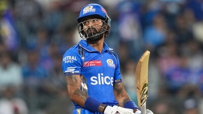 Mumbai Indians batter Hardik Pandya reacts after his dismissal. (PTI) Mumbai Indians batter Hardik Pandya reacts after his dismissal. (PTI)
