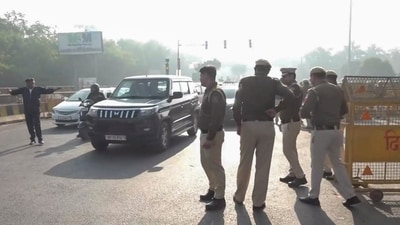 Farmers' march: Police personnel deployed at Chilla border after security was heightened in view of farmers' protest march towards Delhi. (PTI) Farmers' march: Police personnel deployed at Chilla border after security was heightened in view of farmers' protest march towards Delhi. (PTI)