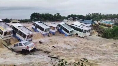 Buses swept away vehicles in the flooded Uthangarai area following heavy rainfall in the aftermath of Cyclone Fengal, (PTI) Buses swept away vehicles in the flooded Uthangarai area following heavy rainfall in the aftermath of Cyclone Fengal, (PTI)