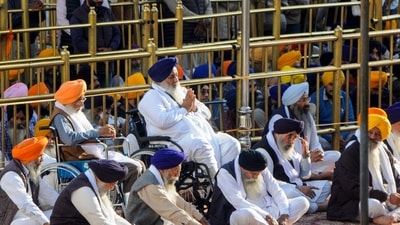 Sukhbir Singh Badal and other leaders of the previous SAD government during the hearing of 'tankhaiya' (guilty of religious misconduct) case by the Akal Takht, in Amritsar, Monday, Dec. 2, 2024. Five high priests headed by Akal Takht Jathedar Giani Raghbir Singh on Monday pronounced Sukhbir Singh Badal and former Akali ministers guilty of religious misconduct. (PTI)