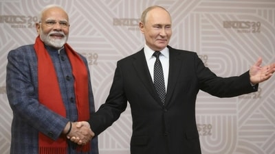 Prime Minister Narendra Modi and Russian President Vladimir Putin on the sidelines of Brics Summit at Kazan City Hall in Kazan, Russia. (AP) Prime Minister Narendra Modi and Russian President Vladimir Putin on the sidelines of Brics Summit at Kazan City Hall in Kazan, Russia. (AP)