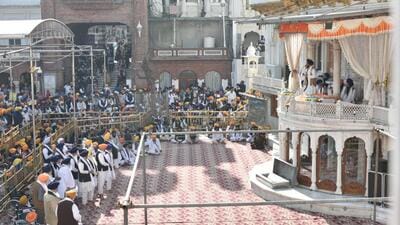 The Sikh clergy pronouncing the punishment on Shiromani Akali Dal (SAD) leaders, including Sukhbir Singh Badal, from the Akal Takht in the Golden Temple complex, Amritsar, on Monday. (Sameer Sehgal/HT) The Sikh clergy pronouncing the punishment on Shiromani Akali Dal (SAD) leaders, including Sukhbir Singh Badal, from the Akal Takht in the Golden Temple complex, Amritsar, on Monday. (Sameer Sehgal/HT)