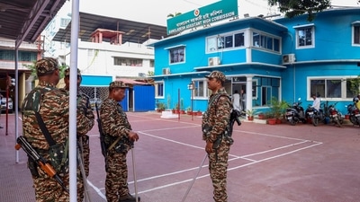 Security personnel keep vigil amid heightened security at the Bangladesh Assistant High Commission in Agartala. (PTI) Security personnel keep vigil amid heightened security at the Bangladesh Assistant High Commission in Agartala. (PTI)