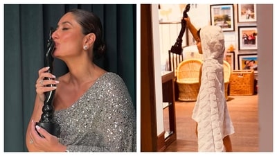 Kareena Kapoor let her son Jeh Ali Khan play with her Filmfare trophy. Kareena Kapoor let her son Jeh Ali Khan play with her Filmfare trophy.