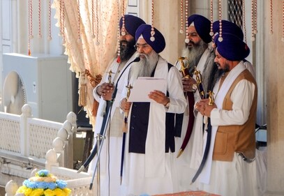 Amritsar: Akal Takht Jathedar Giani Raghbir Singh with five high priests during the hearing of 'tankhaiya' (guilty of religious misconduct) case by the Akal Takht, at the Golden Temple in Amritsar, Monday, Dec. 2, 2024. (PTI)