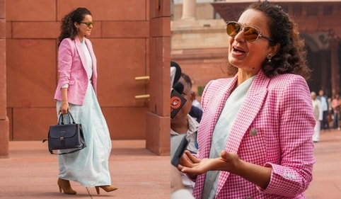 Kangana Ranaut paired a pastel-hued mulmul saree with a checkered blazer. Kangana Ranaut paired a pastel-hued mulmul saree with a checkered blazer.