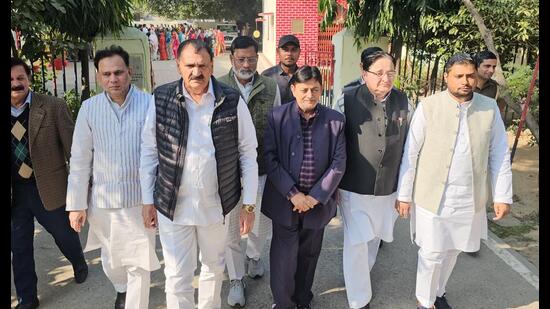 The Samajwadi Party delegation in Moradabad on Monday. (Sourced)