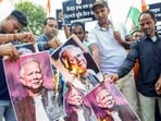 Members of Tripura Congress in Agartala stage a protest against Chief Adviser of Bangladesh Muhammad Yunus demanding the release of spiritual leader Chinmoy Krishna Das, who was arrested in the neighbouring country. 