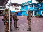 Agartala: Security personnel keep vigil amid heightened security at the Bangladesh Assistant High Commission after protests erupted in Tripura over alleged attacks on Hindus in Bangladesh, in Agartala, Monday, Dec. 2, 2024. 