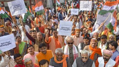 A protest over the arrest of Hindu monk Chinmoy Krishna Das in Bangladesh, in Mirzapur, Uttar Pradesh. (PTI) A protest over the arrest of Hindu monk Chinmoy Krishna Das in Bangladesh, in Mirzapur, Uttar Pradesh. (PTI)