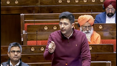 Aam Aadmi Party (AAP) MP Raghav Chadha speaks in Rajya Sabha during the Winter Session of Parliament, in New Delhi on Tuesday. (Sansad TV)