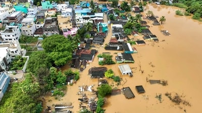 The flooded Uthangarai area following heavy rainfall in the aftermath of Cyclone Fengal, in Krishnagiri district, Tamil Nadu, Monday, Dec. 2, 2024. (PTI) The flooded Uthangarai area following heavy rainfall in the aftermath of Cyclone Fengal, in Krishnagiri district, Tamil Nadu, Monday, Dec. 2, 2024. (PTI)