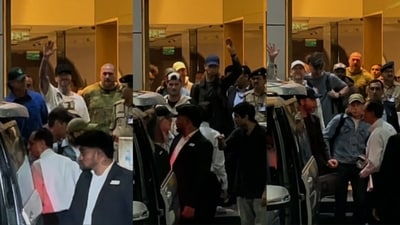 Maroon 5 members were spotted at a Mumbai airport. Maroon 5 members were spotted at a Mumbai airport.