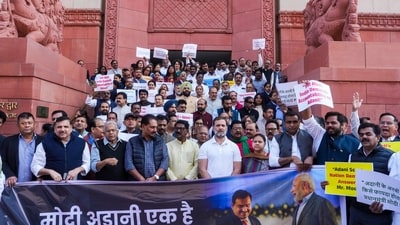 New Delhi: Leader of Opposition in Lok Sabha Rahul Gandhi and other opposition MPs stage a protest during the Winter session of Parliament, in New Delhi, Tuesday, Dec. 3, 2024. (PTI Photo/Arun Sharma) New Delhi: Leader of Opposition in Lok Sabha Rahul Gandhi and other opposition MPs stage a protest during the Winter session of Parliament, in New Delhi, Tuesday, Dec. 3, 2024. (PTI Photo/Arun Sharma)