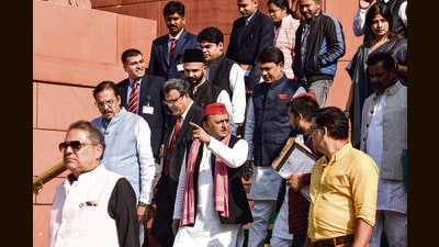 Samajwadi Party (SP) MPs Akhilesh Yadav, Dimple Yadav, Zia Ur Rehman Barq and others leave the Parliament on Tuesday. (ANI) Samajwadi Party (SP) MPs Akhilesh Yadav, Dimple Yadav, Zia Ur Rehman Barq and others leave the Parliament on Tuesday. (ANI)