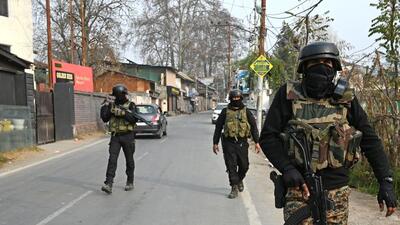 Security forces patrol near the site of a gunfight in Dachigam forest area of Srinagar (HT Photo/Waseem Andrabi)