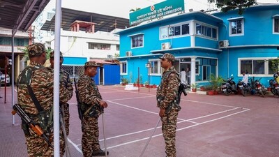 Security personnel keep vigil amid heightened security at the Bangladesh Assistant High Commission after protests erupted in Tripura over alleged attacks on Hindus in Bangladesh in Agartala. (PTI) (PTI) Security personnel keep vigil amid heightened security at the Bangladesh Assistant High Commission after protests erupted in Tripura over alleged attacks on Hindus in Bangladesh in Agartala. (PTI) (PTI)