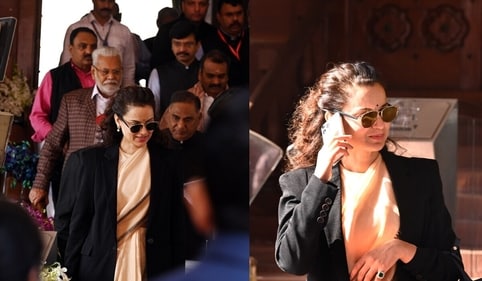 Kangana looks uber-stylish in a monotone saree and paired with a crew neck blouse and a black blazer. Kangana looks uber-stylish in a monotone saree and paired with a crew neck blouse and a black blazer.