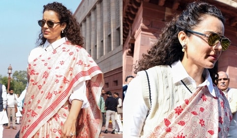 Kangana Ranaut sports a kantha saree paired with a knitted vest and a button-down. Kangana Ranaut sports a kantha saree paired with a knitted vest and a button-down.