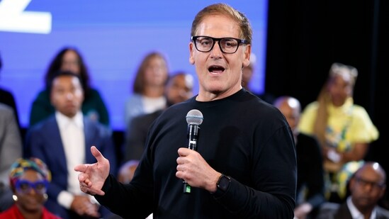 Billionaire and investor Mark Cuban speaks with local business leaders during a town hall meeting advocating for Vice President Kamala Harris's economic plans, Thursday, Oct. 31, 2024, at the Gathering Spot in Atlanta. (Miguel Martinez/Atlanta Journal-Constitution via AP)