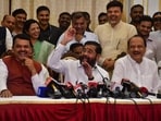 Mahayuti Alliance leaders after meeting with the ministry list to Governor of Maharashtra CP Radakrishnan. (Bhushan Koyande/HT Photo)