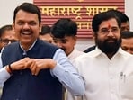 Maharashtra caretaker chief minister Eknath Shinde with Devendra Fadnavis during a press conference in Mumbai.