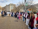 Members of the Hindu community from Bangladesh stage a rally at the White House demanding release of Chinmaya Das and protection for the community. (PTI Photo) 