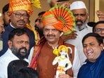 Mumbai: BJP leaders Devendra Fadnavis and Chandrashekhar Bawankule and others after the BJP legislature meeting. Mumbai: BJP leaders Devendra Fadnavis and Chandrashekhar Bawankule and others after the BJP legislature meeting.
