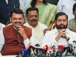 Mumbai: Shiv Sena chief Eknath Shinde with BJP leader Devendra Fadnavis and NCP chief Ajit Pawar during a press conference. Mumbai: Shiv Sena chief Eknath Shinde with BJP leader Devendra Fadnavis and NCP chief Ajit Pawar during a press conference.