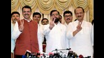 Mumbai, Dec 04 (ANI): Shiv Sena chief Eknath Shinde, BJP leader Devendra Fadnavis and NCP chief Ajit Pawar show victory signs after staking claim to form the government in Maharashtra, at Raj Bhawan in Mumbai on Wednesday. (ANI Photo) (Deepak Salvi)