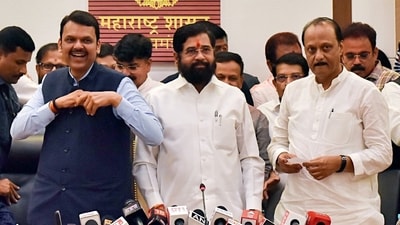 Maharashtra caretaker chief minister Eknath Shinde with Devendra Fadnavis during a press conference in Mumbai. (ANI) Maharashtra caretaker chief minister Eknath Shinde with Devendra Fadnavis during a press conference in Mumbai. (ANI)