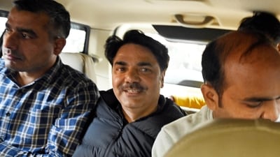 AAP MLA Naresh Balyan arrested by Delhi Police crime branch team being taken to produced before the court, at RK Puram crime branch office in New Delhi (Hindustan Times) AAP MLA Naresh Balyan arrested by Delhi Police crime branch team being taken to produced before the court, at RK Puram crime branch office in New Delhi (Hindustan Times)