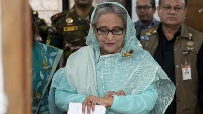 Former prime minister Sheikh Hasina, who took shelter in India after being forced out of office, made the remarks in a virtual address to supporters of her Awami League party. (AP FILE) Former prime minister Sheikh Hasina, who took shelter in India after being forced out of office, made the remarks in a virtual address to supporters of her Awami League party. (AP FILE)