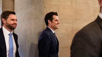 Former Representative Matt Gaetz, US attorney general nominee for US President-elect Donald Trump, center, departs with Senator JD Vance, a Republican from Ohio and US Vice President-elect, left, following meetings with Republican Senators at the US Capitol in Washington, DC, US, (Bloomberg) Former Representative Matt Gaetz, US attorney general nominee for US President-elect Donald Trump, center, departs with Senator JD Vance, a Republican from Ohio and US Vice President-elect, left, following meetings with Republican Senators at the US Capitol in Washington, DC, US, (Bloomberg)